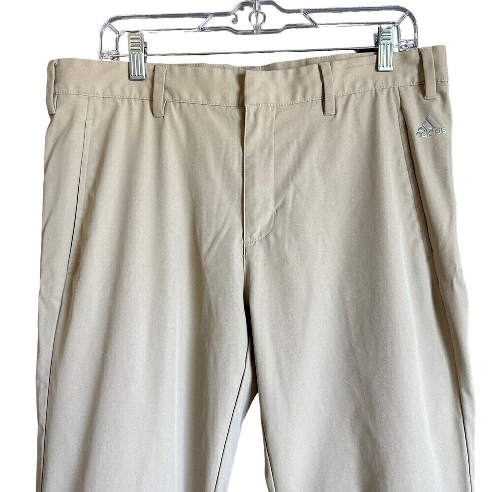 Adidas Golf Pants Mens 34 Beige Performance Stretch 3-Stripe Flat Front Chinos - Picture 2 of 16